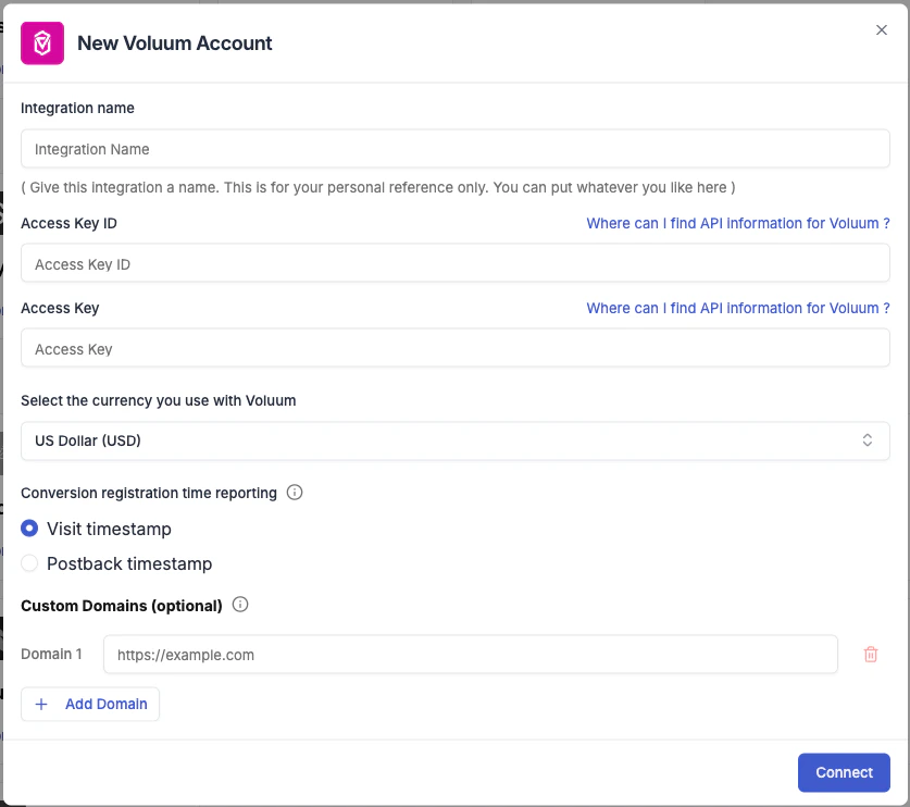 Voluum connection form in TheOptimizer