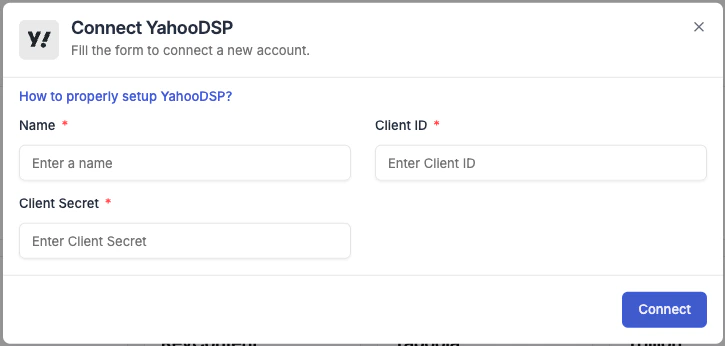 Yahoo DSP connection form in TheOptimizer