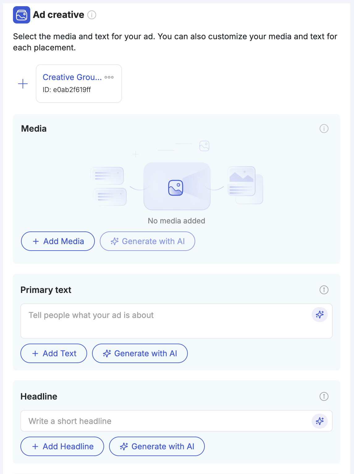 Ad creative section — Media upload with AI generation, Primary text, and Headline with AI generation