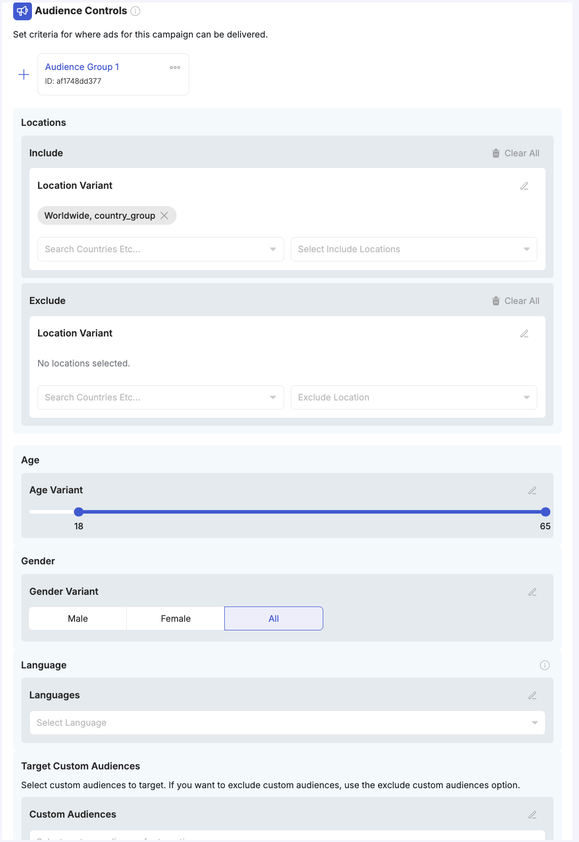 Audience Controls — Locations (include/exclude), Age, Gender, Language, and Custom Audiences