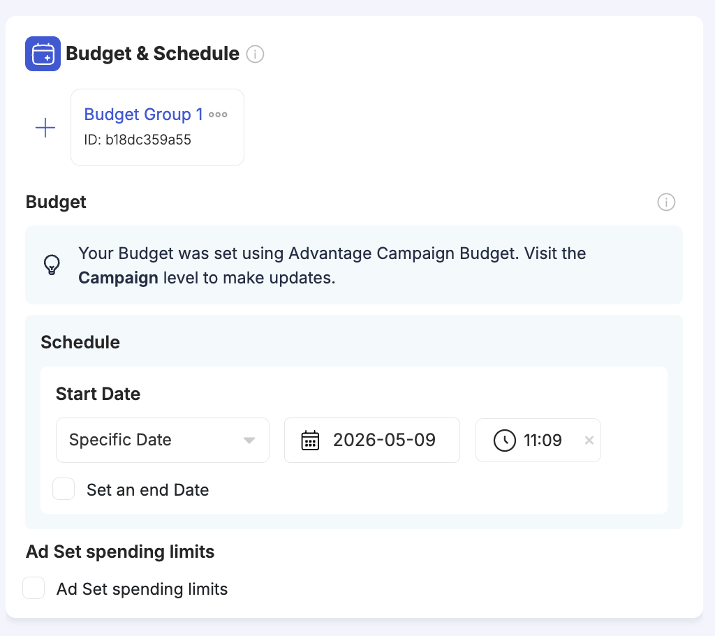 Ad Set Budget & Schedule — group card, schedule with specific date and time, and Ad Set spending limits