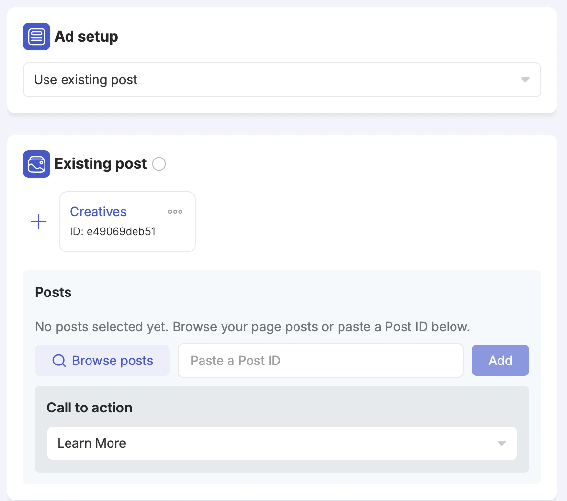 Use existing post — browse posts or paste a Post ID