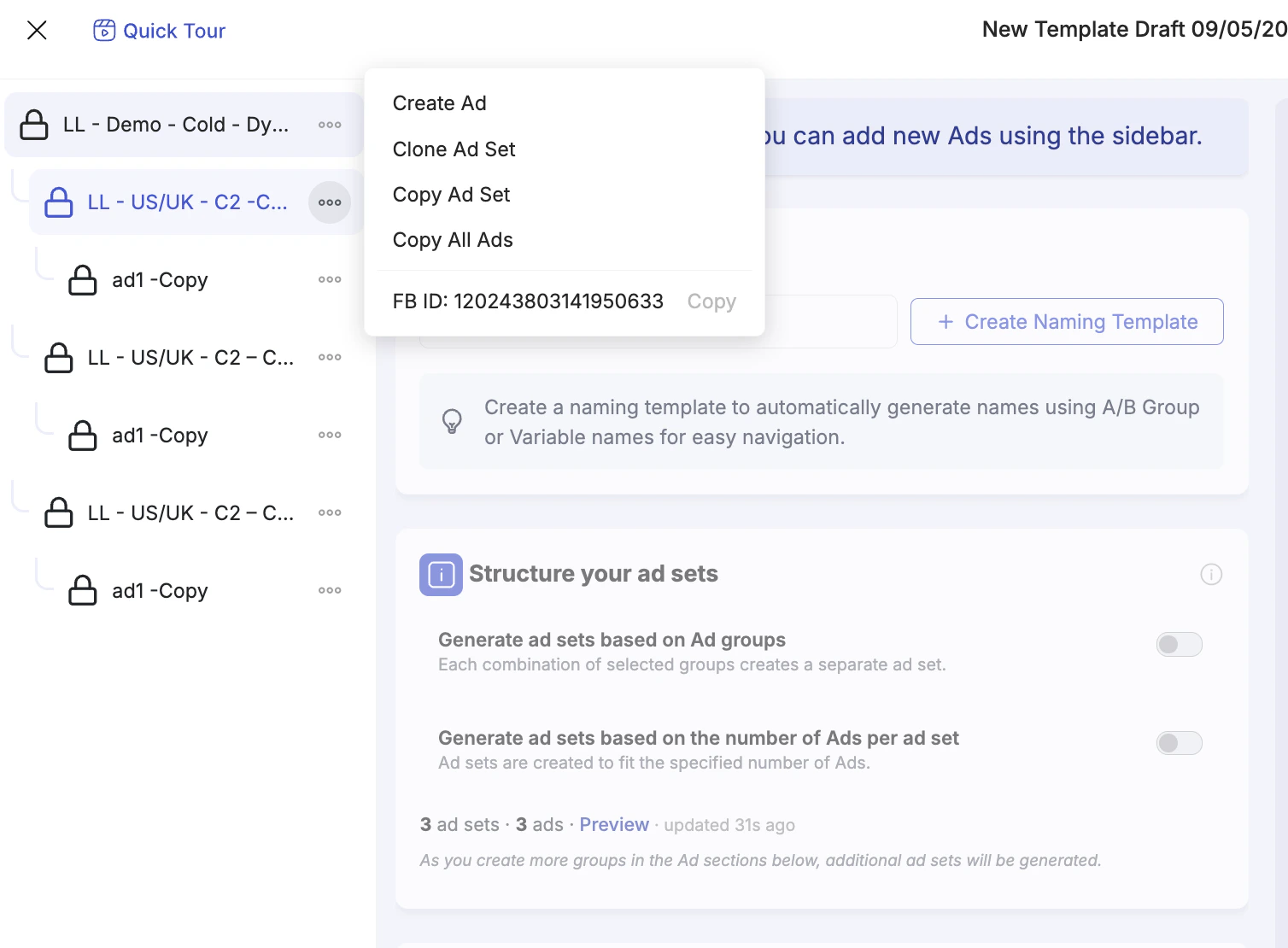 Ad set context menu — Create Ad, Clone Ad Set, Copy Ad Set, Copy All Ads, and FB ID options