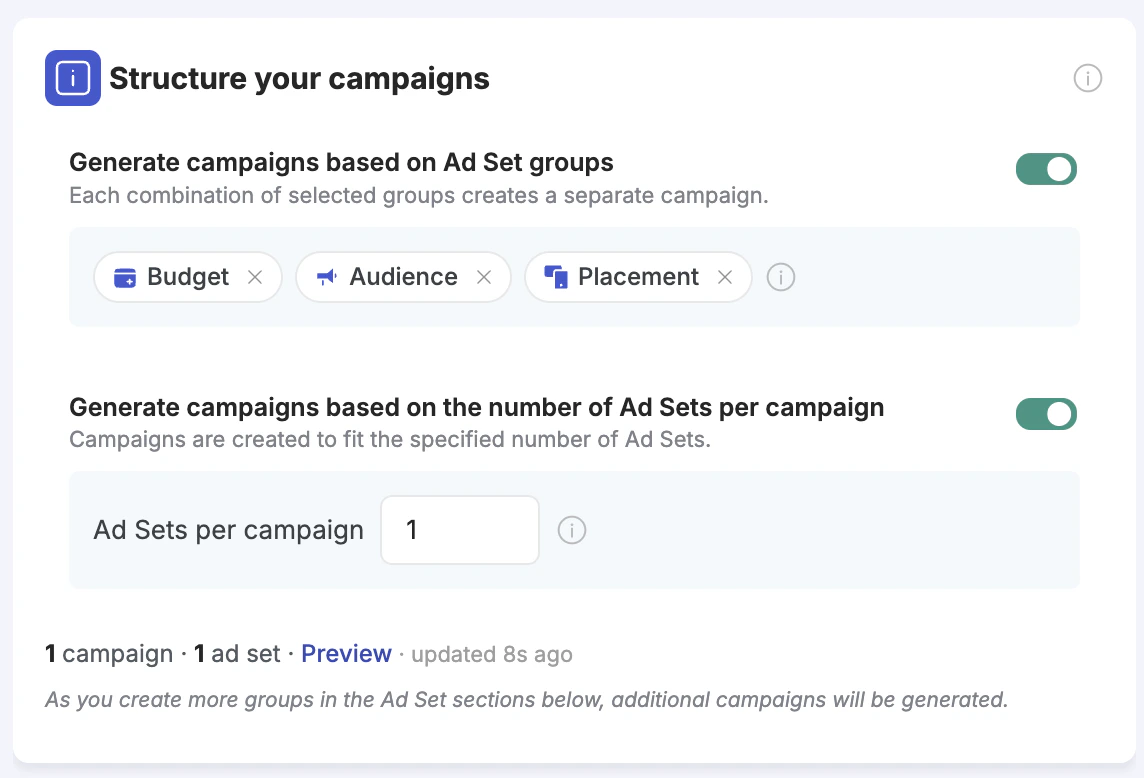 Structure your campaigns — campaign-level restructuring UI