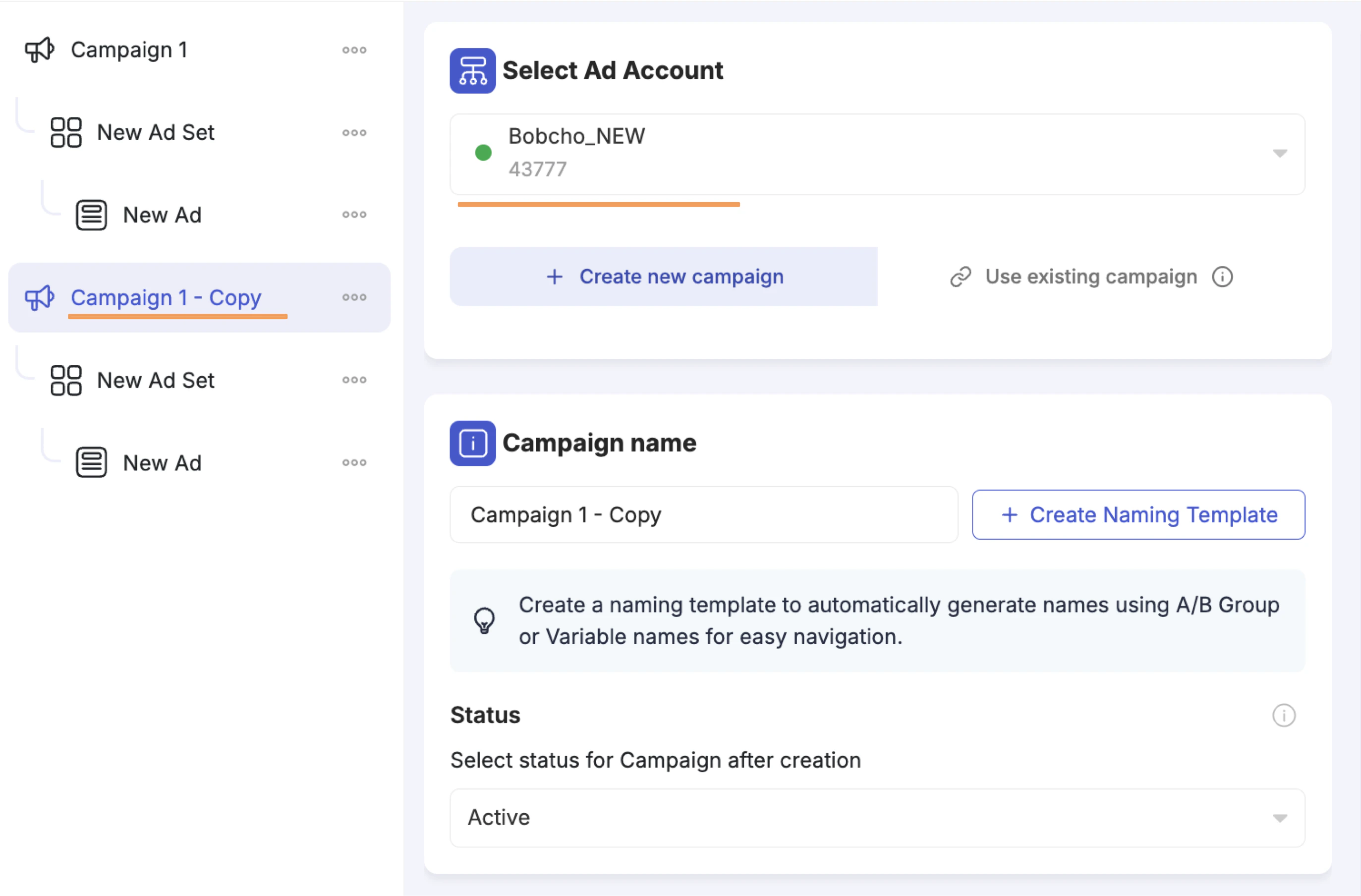 Multi-account campaign tree — Campaign 1 and Campaign 1 - Copy, each assigned to a different ad account