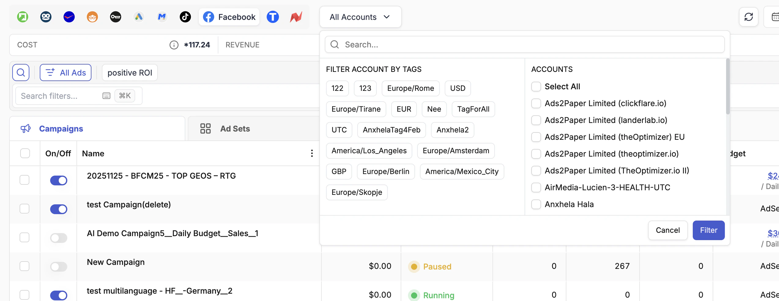 Campaigns Ad Account Filtering Dialog