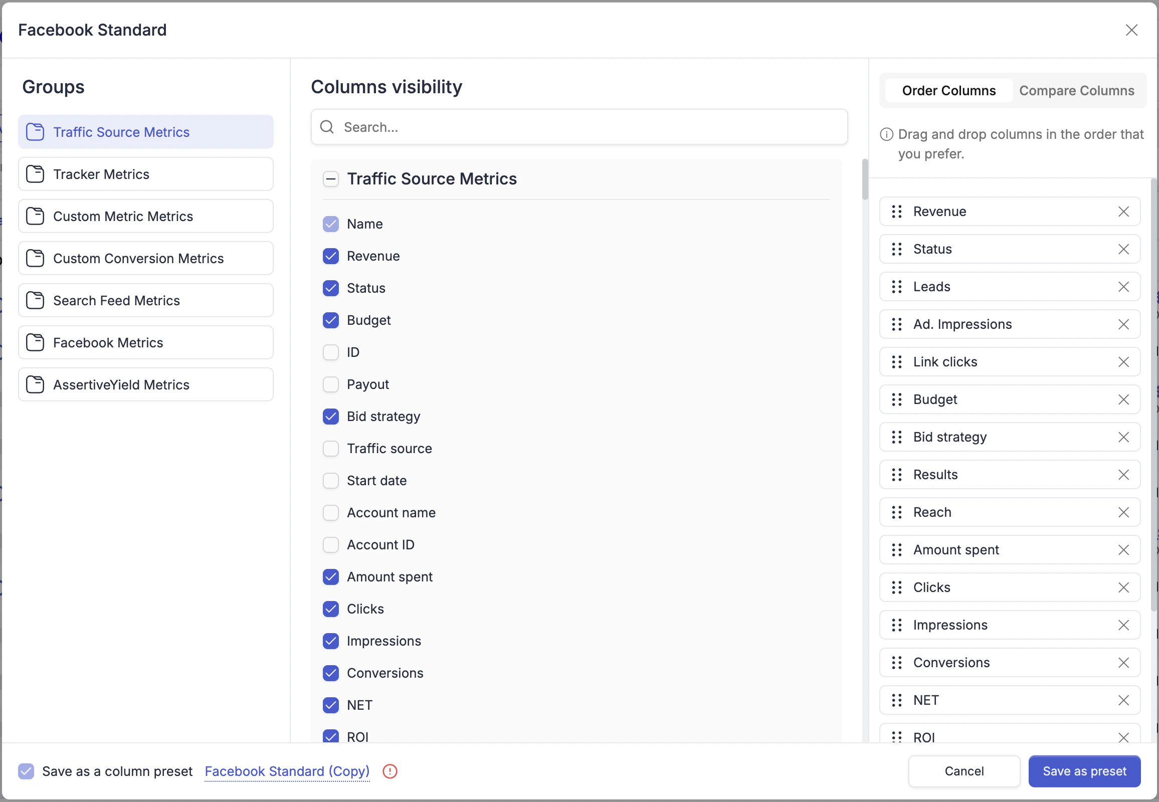 Campaigns Column Settings View