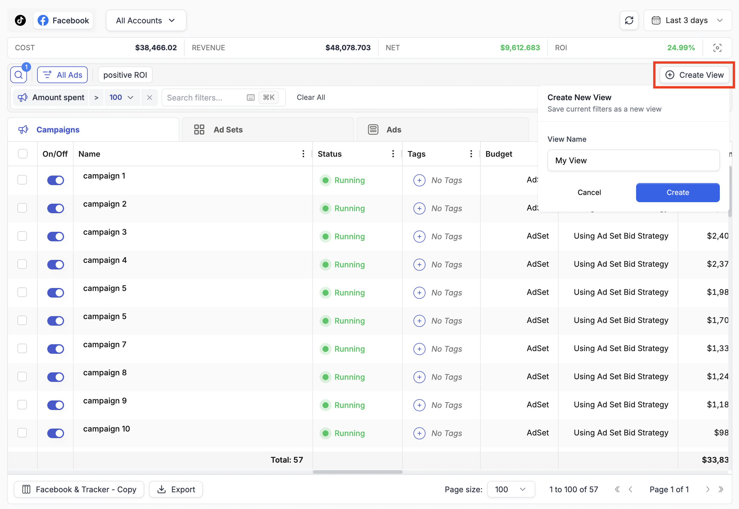 Campaigns Filter Custom View