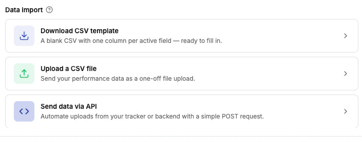 Data Source action cards — Download CSV Template, Upload CSV, and Send via API