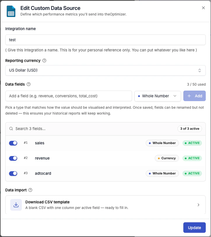 Edit Custom Data Source dialog — modify name, currency, fields, and access upload and API options