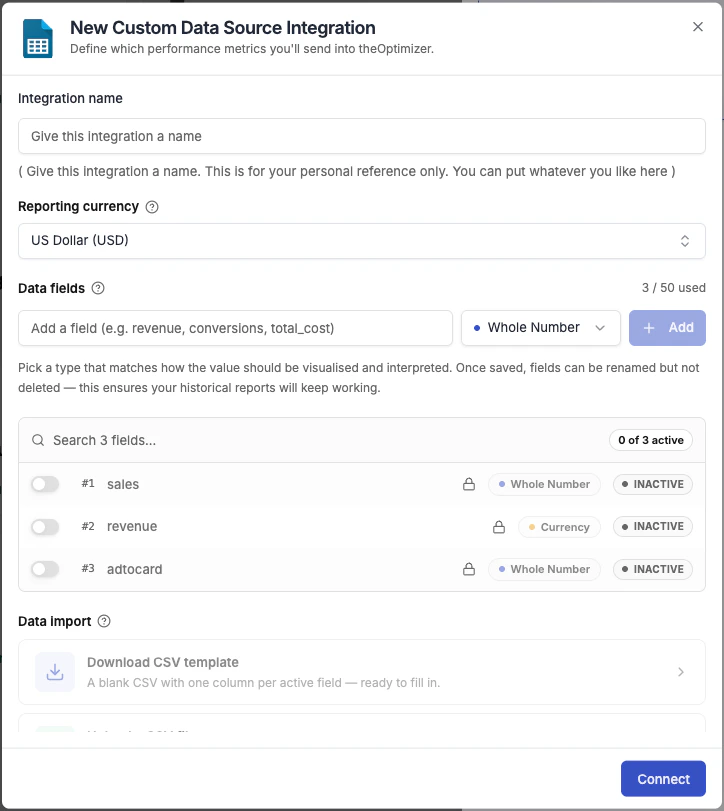 New Custom Data Source dialog — name, currency, and data field configuration