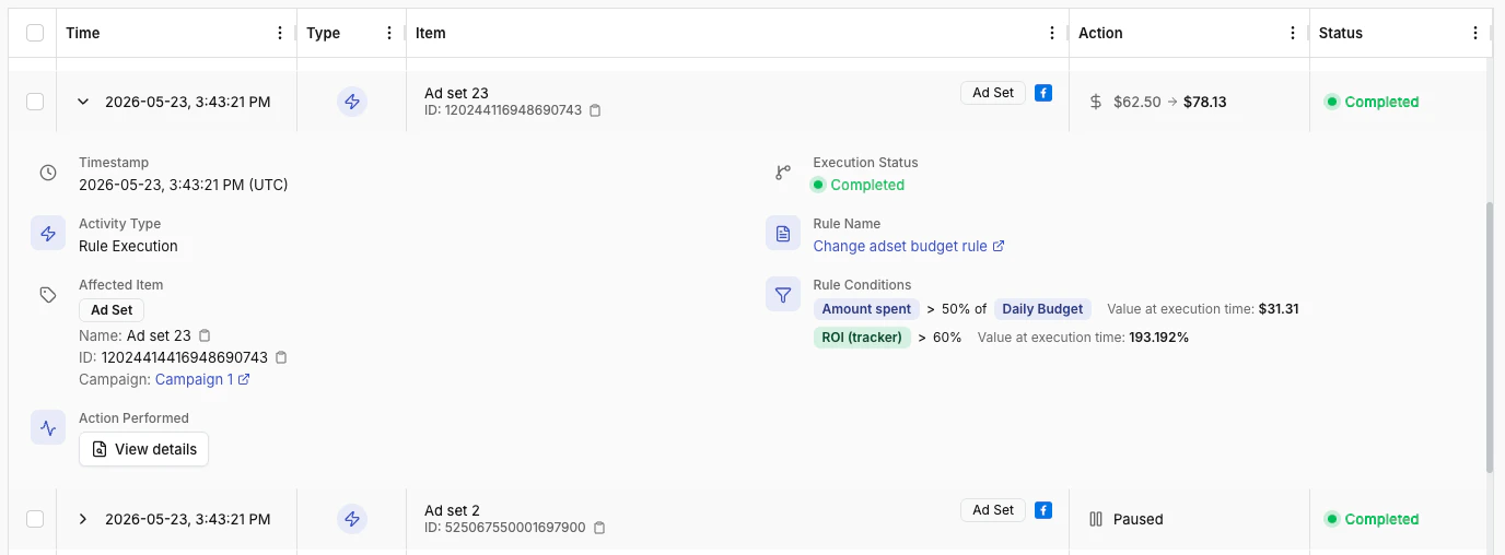 Expanded log entry — timestamp, affected item, execution status, error details for failures, and rule condition values at time of execution