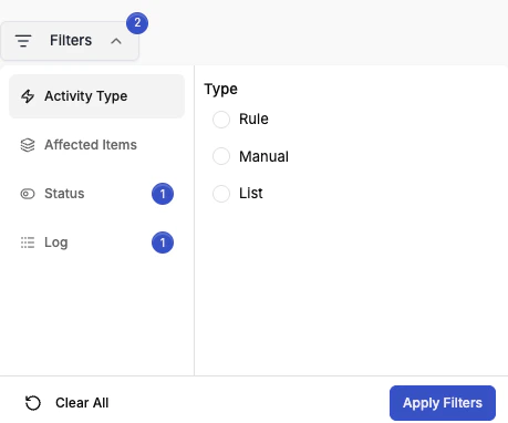 Log filters panel — filter by activity type, item type, status, rule, and campaign