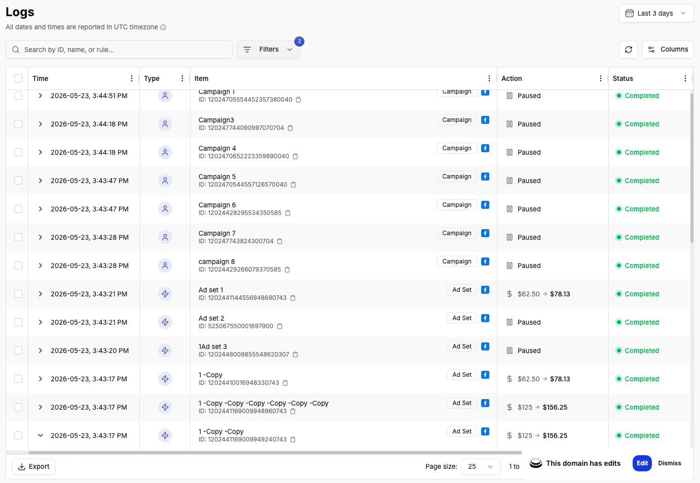 Logs main view — search bar, filters, date range picker, and the full log table