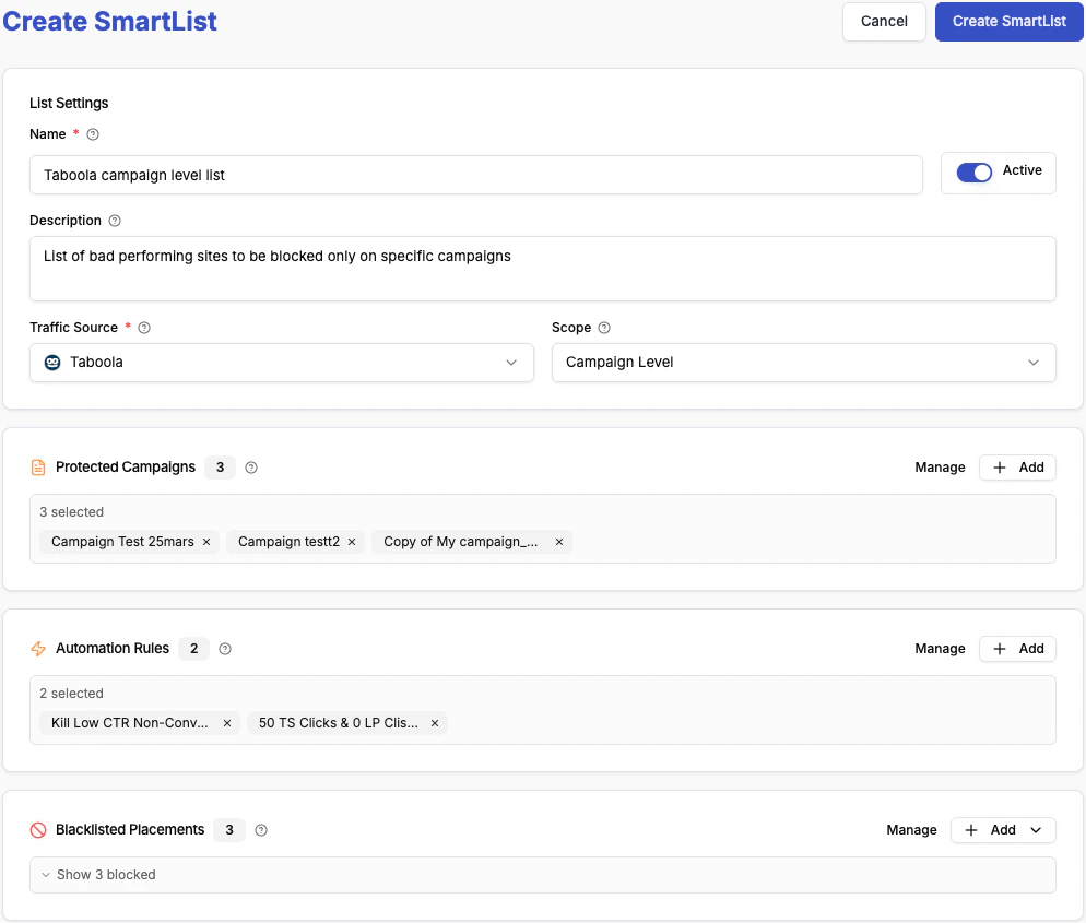 Smart List creation modal — name, description, traffic source, scope, protected accounts, rules, and placements