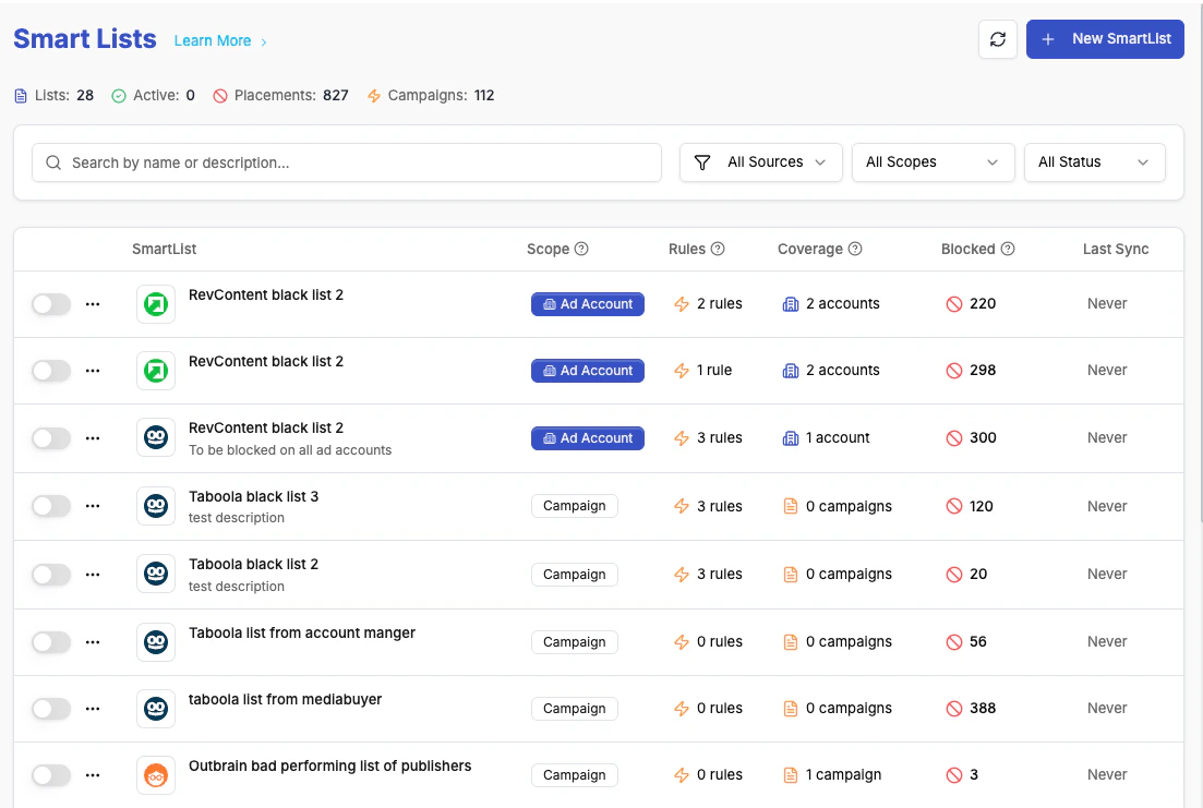 Smart Lists main view — stats bar, filters, search, and table of all lists