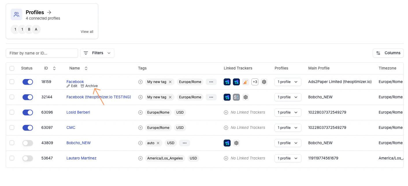Single ad account archive — hover the row to reveal the Archive inline action