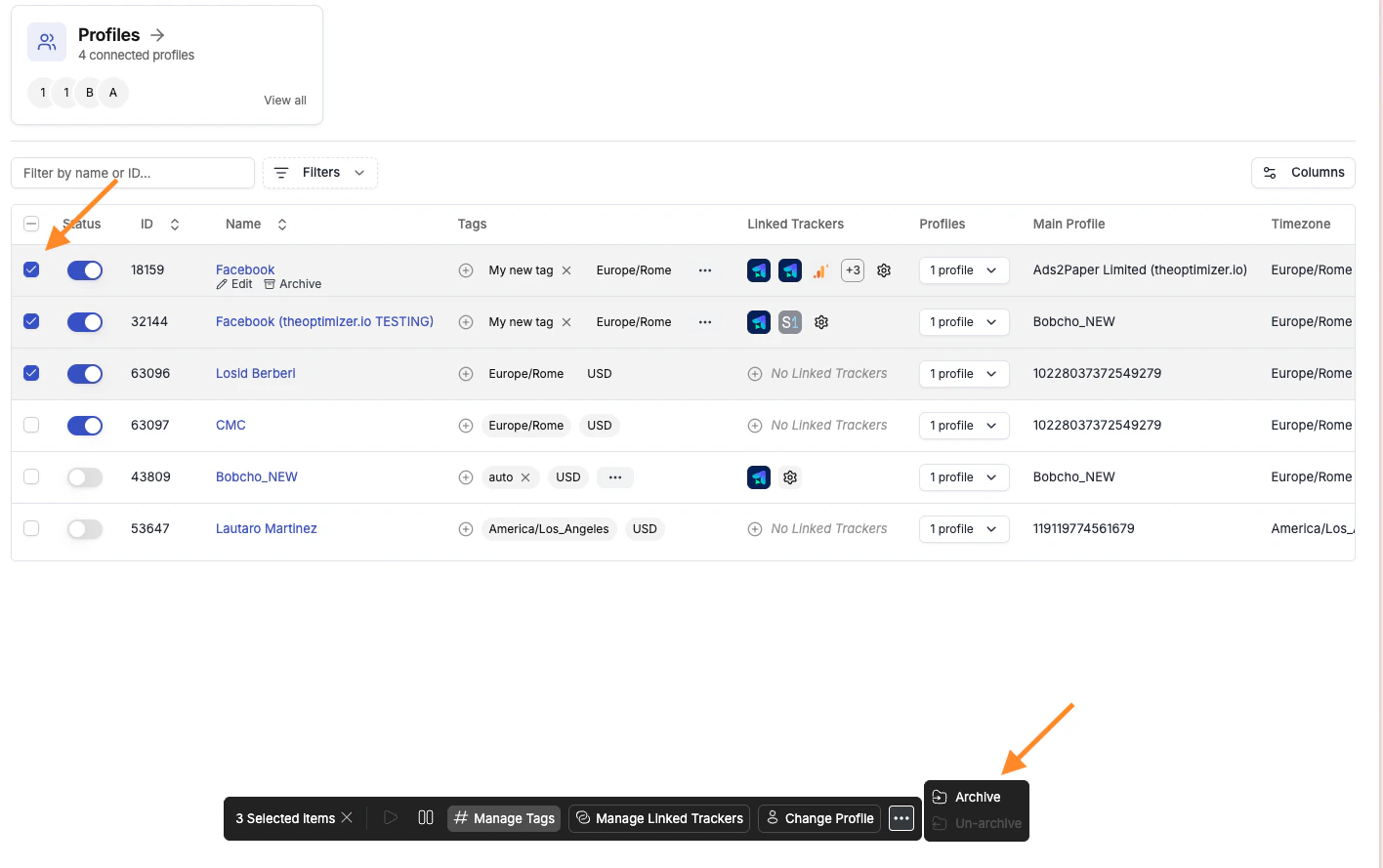 Bulk archive — select multiple accounts and use the Archive button in the bottom action bar