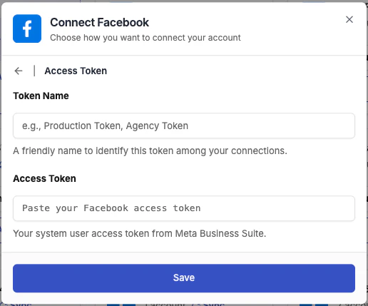 Connect Facebook using an Access Token — Token Name and Access Token fields