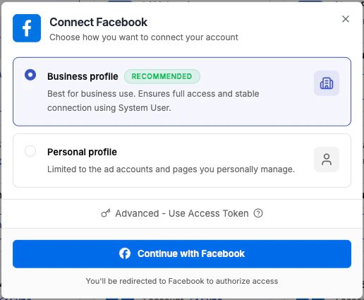 Connect Facebook — choose Business profile, Personal profile, or Access Token