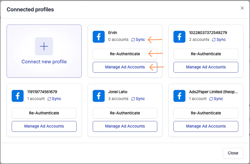 Profiles panel — profile cards showing account count, Sync, Re-Authenticate, and Manage Ad Accounts buttons