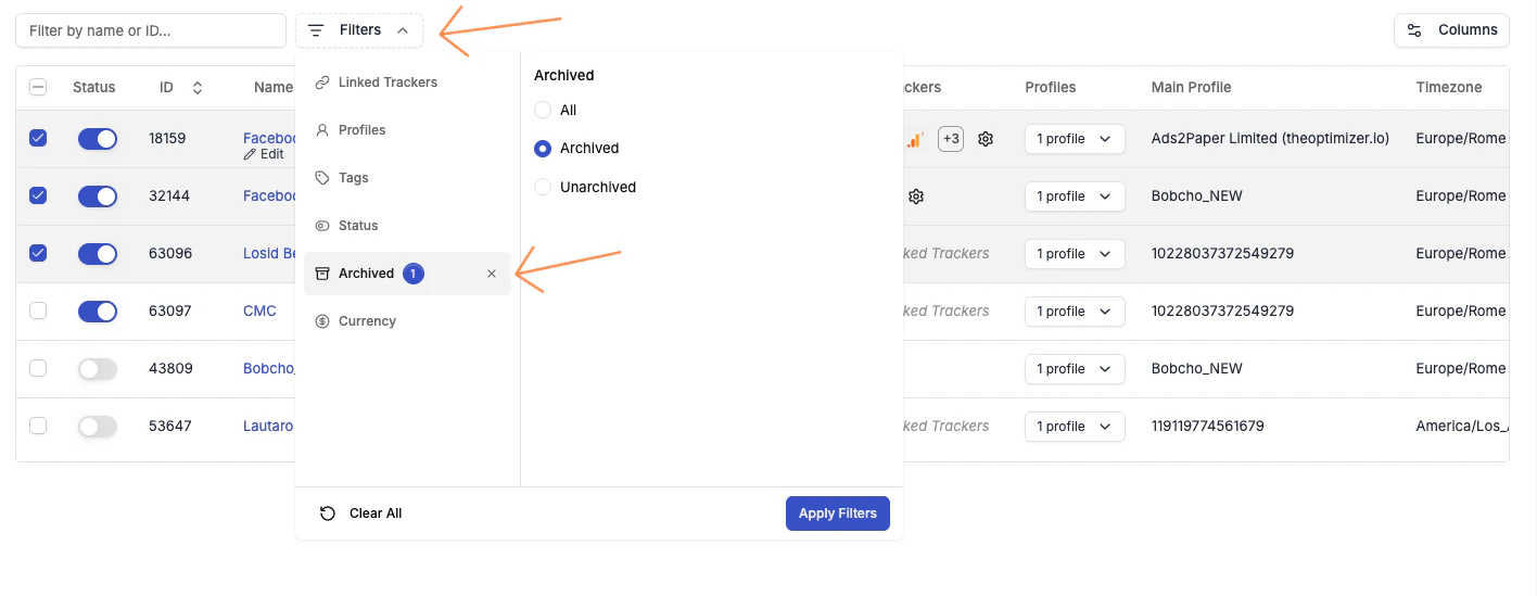 Filter by Archived status to reveal hidden archived accounts
