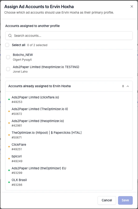 Assign Ad Accounts dialog — accounts assigned to another profile (top) and accounts already using this profile (bottom)