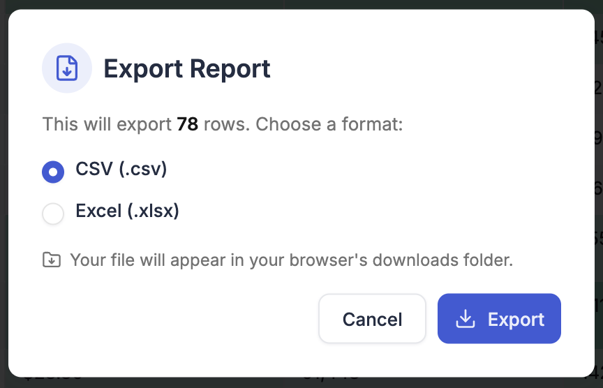 Export Report dialog with CSV and Excel options