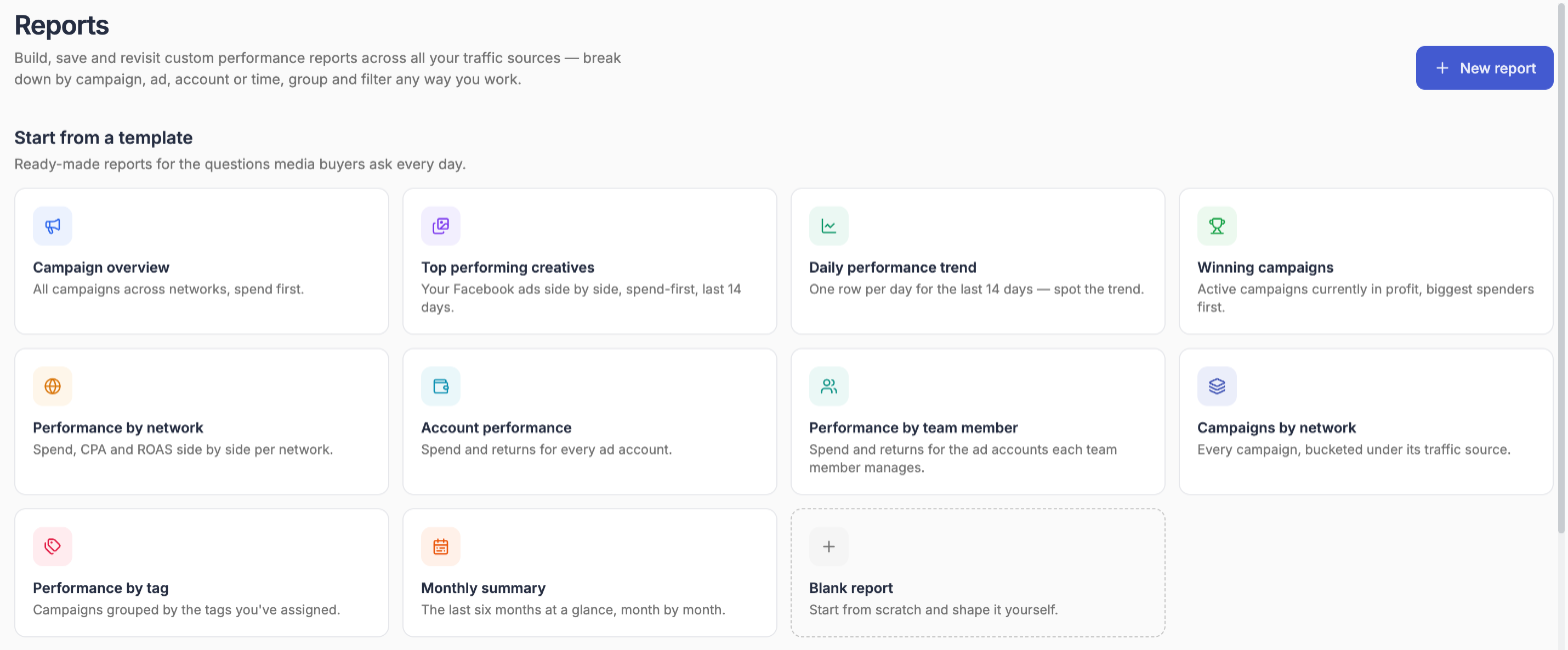 Reports home page with the template gallery