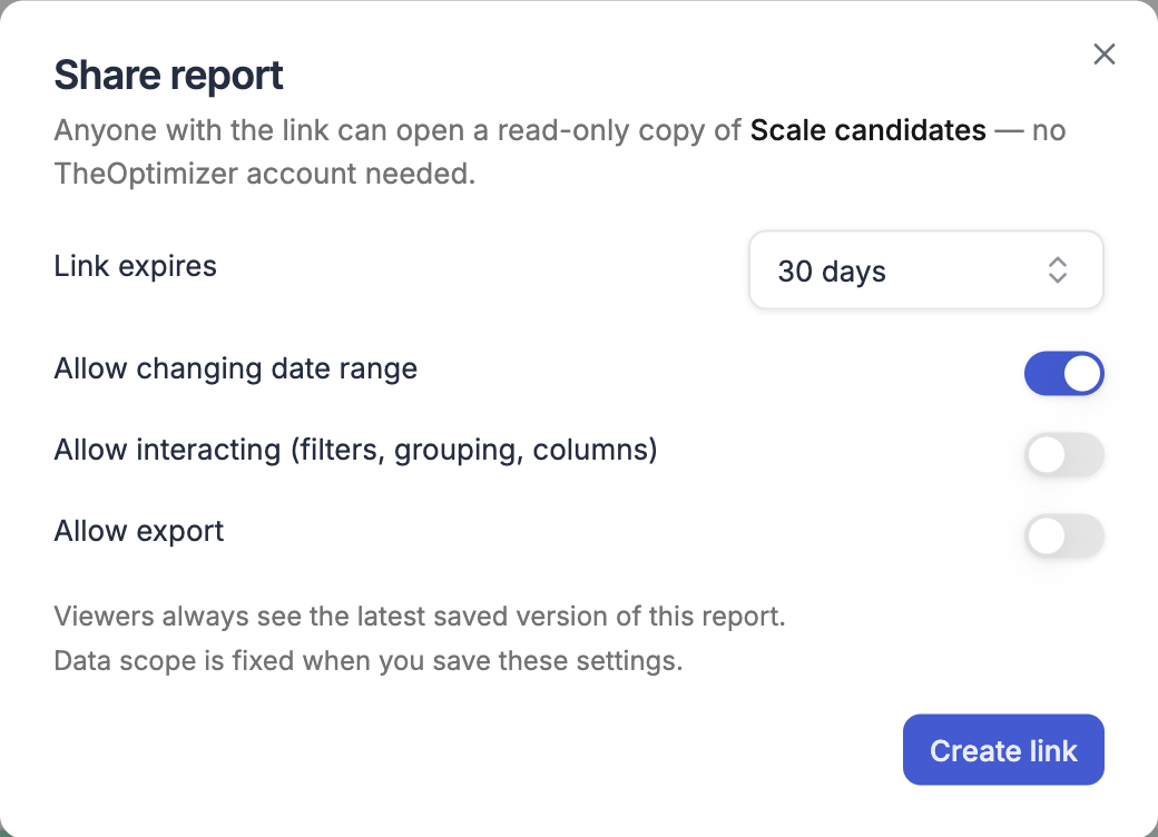 Share report dialog for a report that is not shared yet