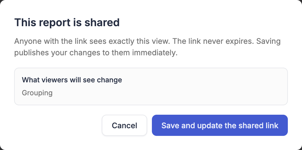 Confirmation shown before saving a shared report