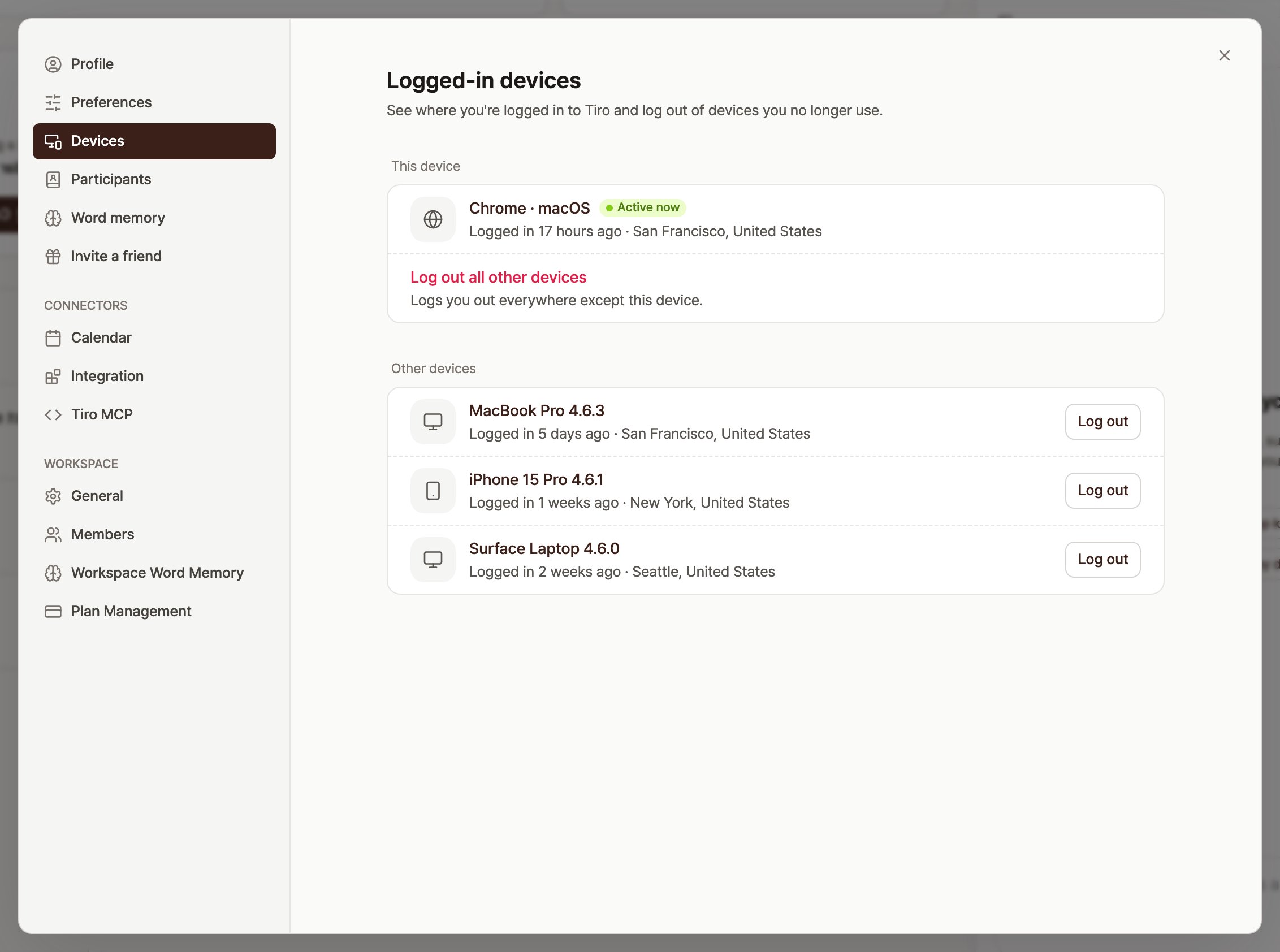 The Logged-in devices settings screen. The current device, Chrome on macOS, shows an Active now badge, a red Log out all other devices row sits below it, and each other device (MacBook Pro, iPhone 15 Pro, Surface Laptop) has its own Log out button