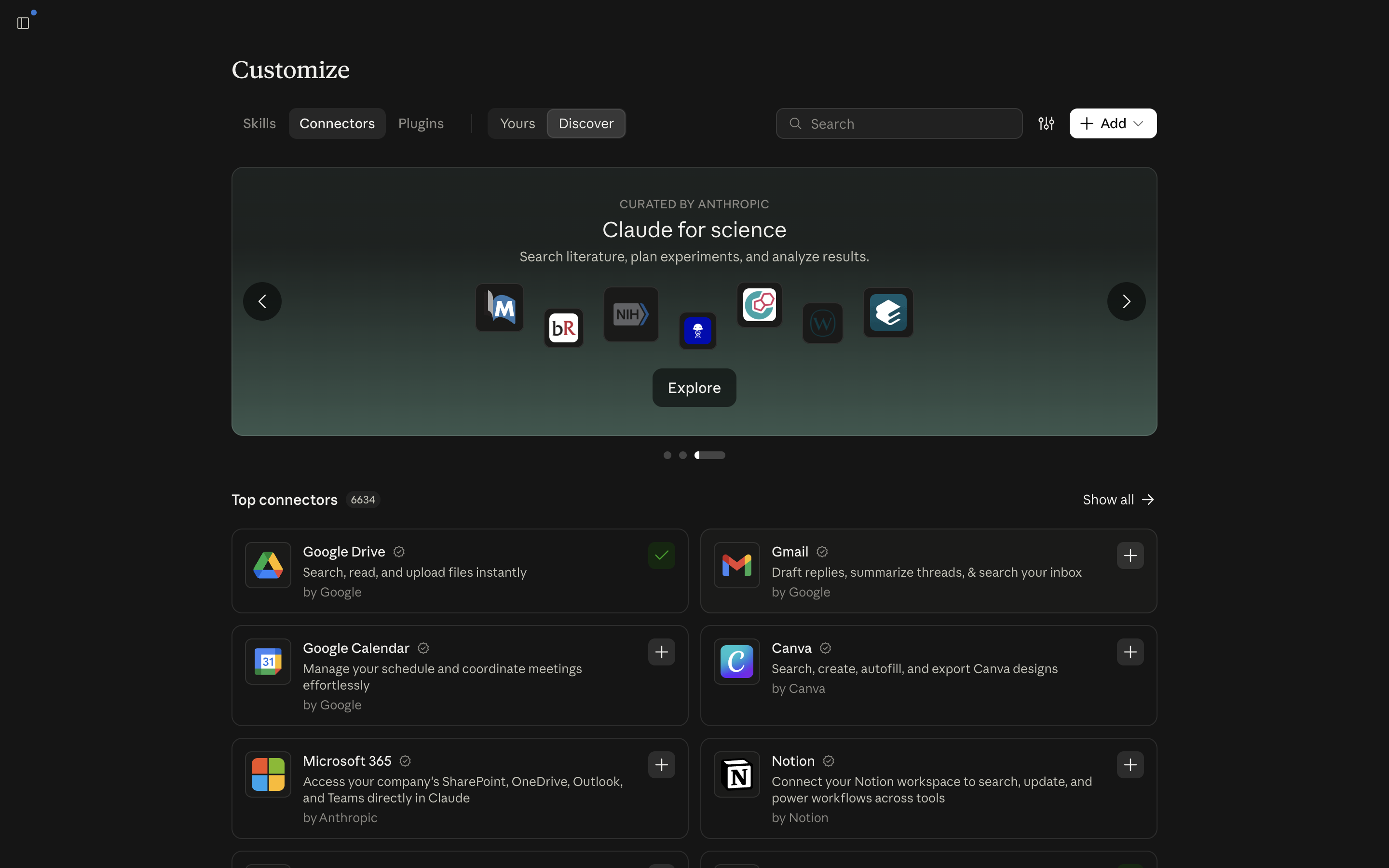 Connectors screen in Claude settings