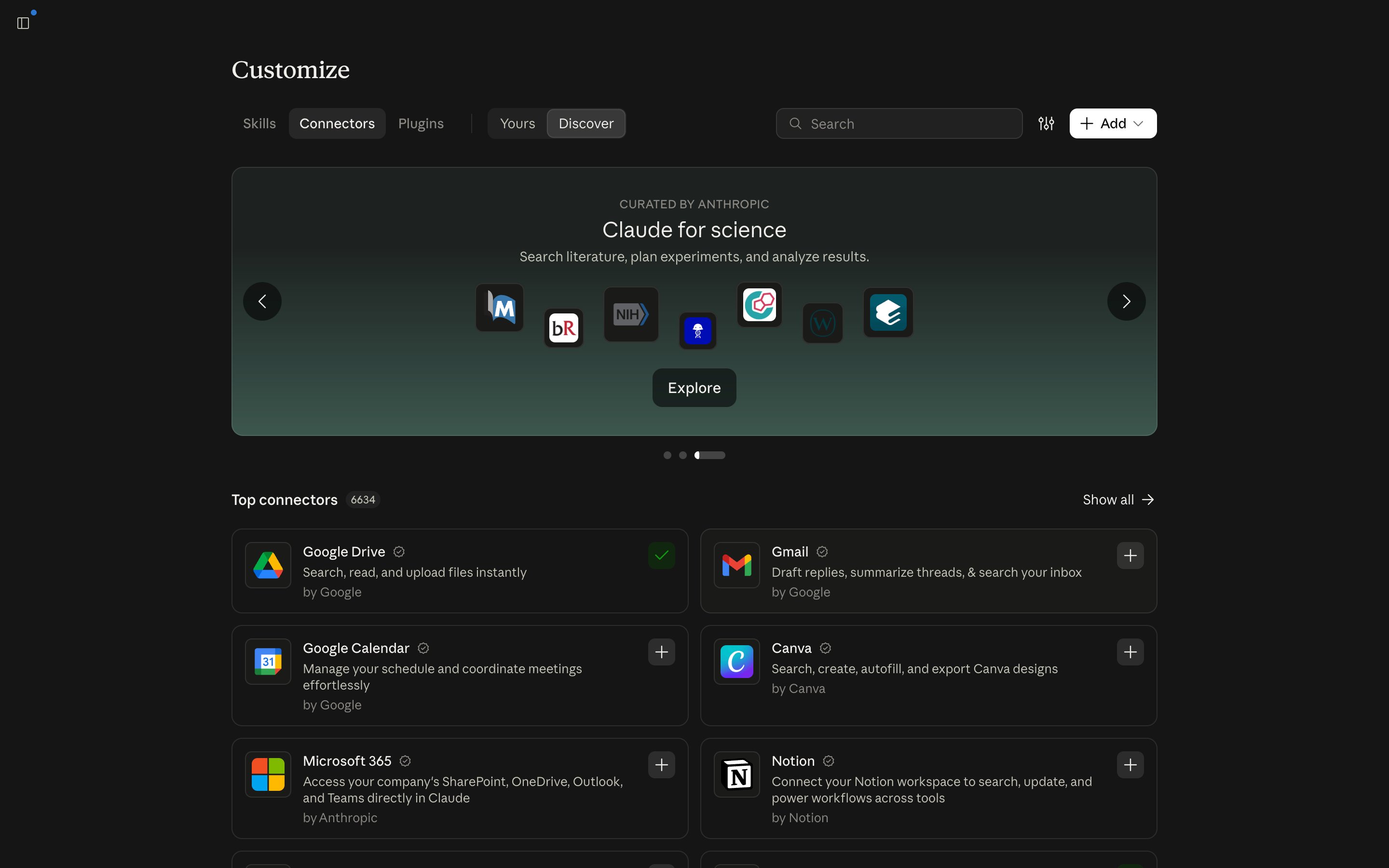 Connectors screen in Claude settings