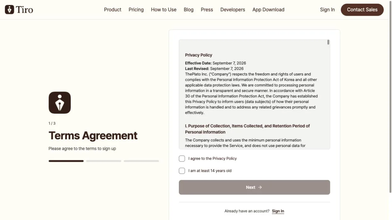 The terms agreement step of email sign-up. The left side shows step 1 of 3 with the Terms Agreement heading, and the card on the right shows the privacy policy text, checkboxes for agreeing to the policy and confirming the user is at least 14, and a Next button.