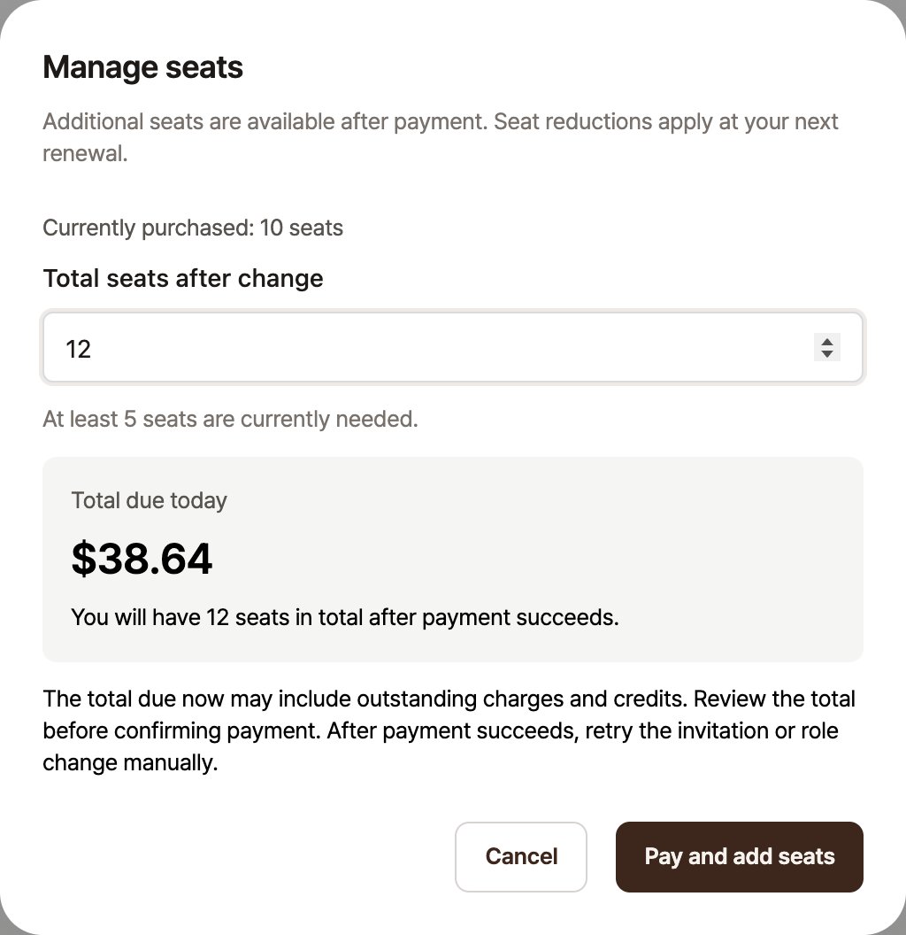 Manage seats dialog showing 10 seats currently purchased, a total of 12 seats after the change, a total due today of 38.64 US dollars, and a Pay and add seats button