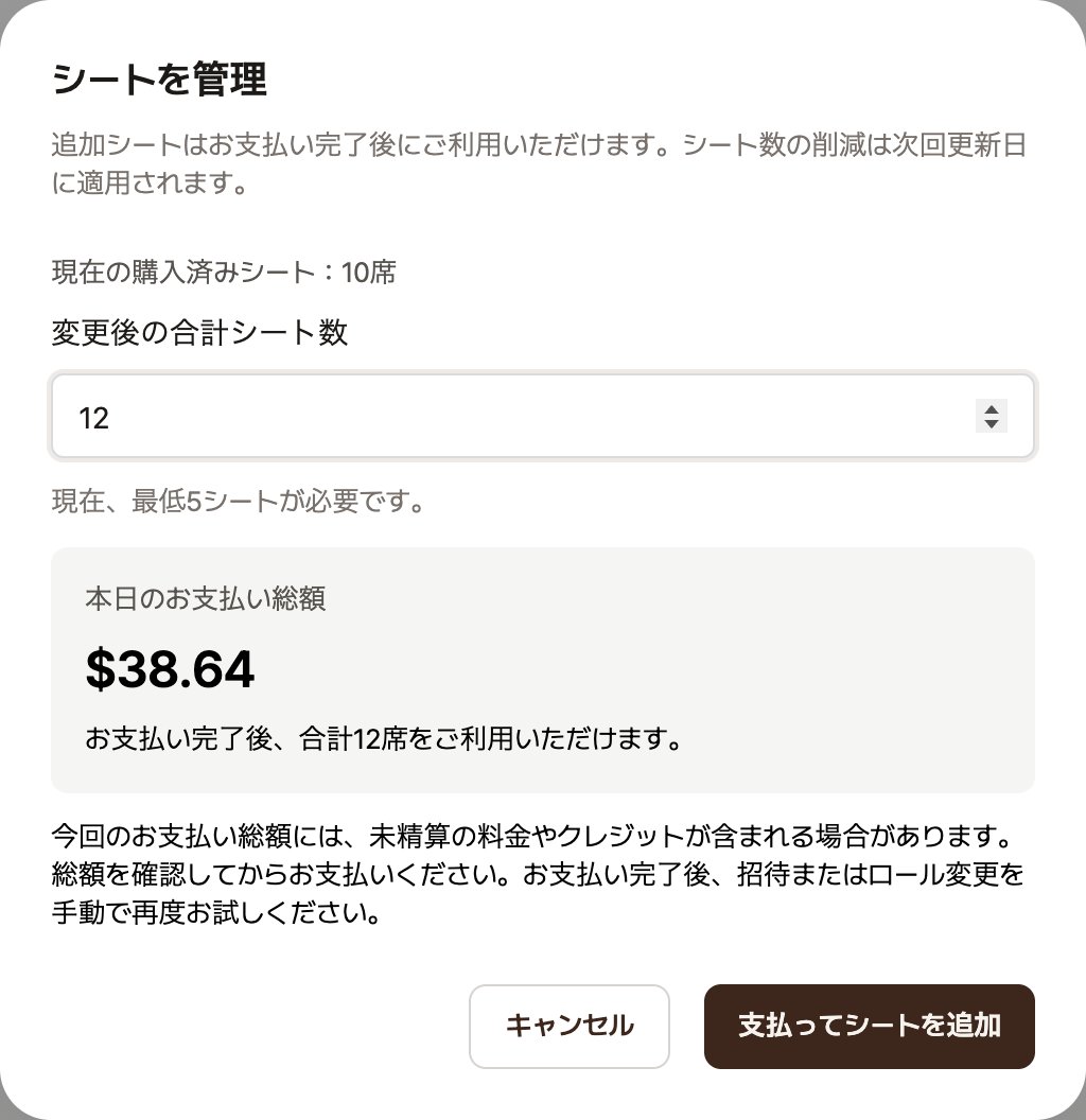 「シートを管理」の画面。現在の購入済みシート10席、変更後の合計シート数12、本日のお支払い総額38.64米ドル、支払ってシートを追加ボタンが表示されている画面