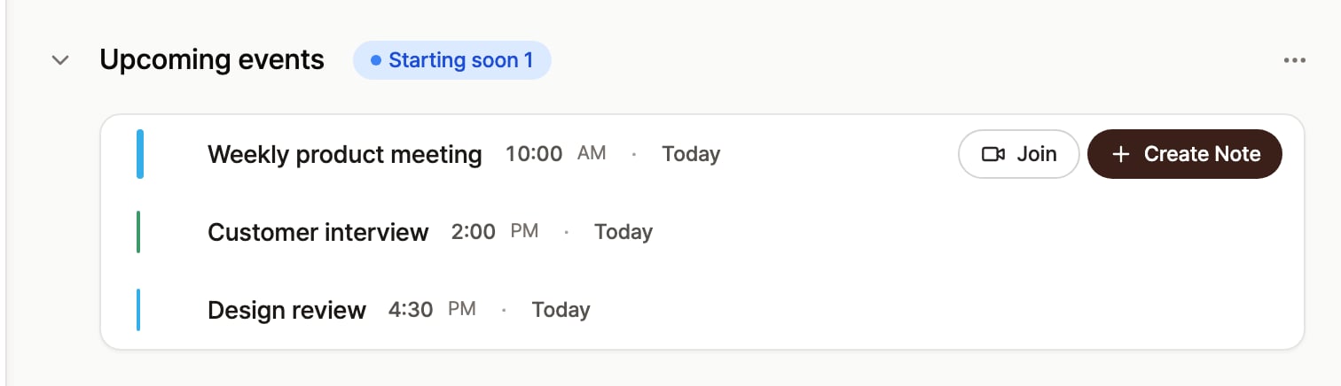Upcoming events list on the home screen, with Join and Create Note actions on the first event marked as starting soon