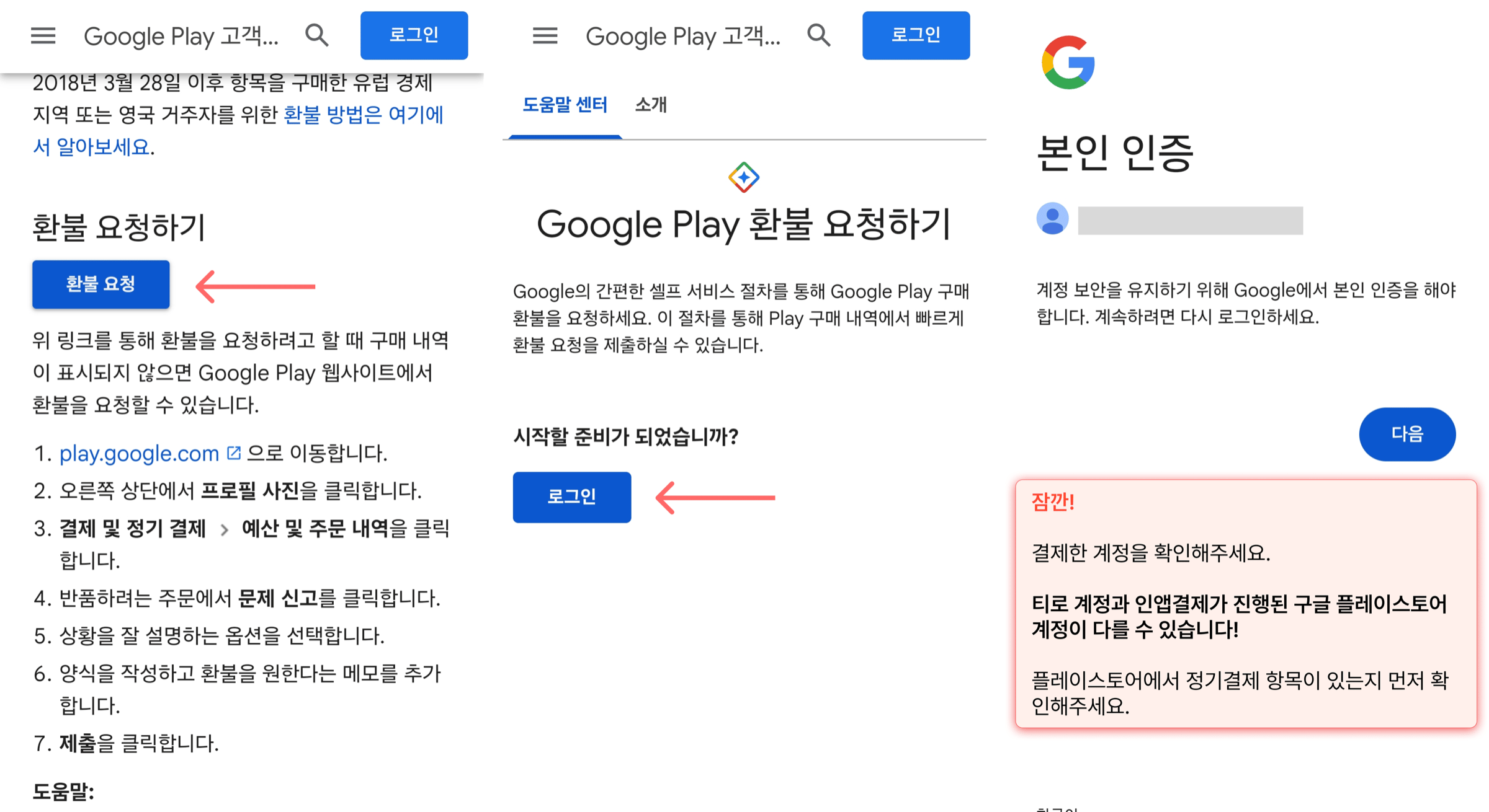 안드로이드 Google Play 환불 요청 진입 화면. '환불 요청하기' 안내와 환불 요청 버튼, 로그인 화면, 결제 계정 본인 인증 화면
