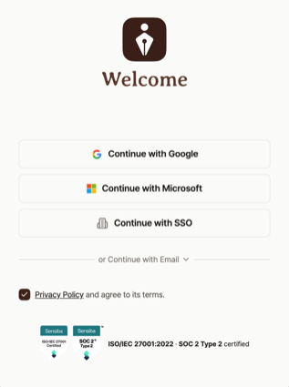 Tiro web sign-in screen showing Continue with Google, Continue with Microsoft, and Continue with SSO buttons, plus email and password fields under or Continue with Email with Forgot your password? and Sign up with email links
