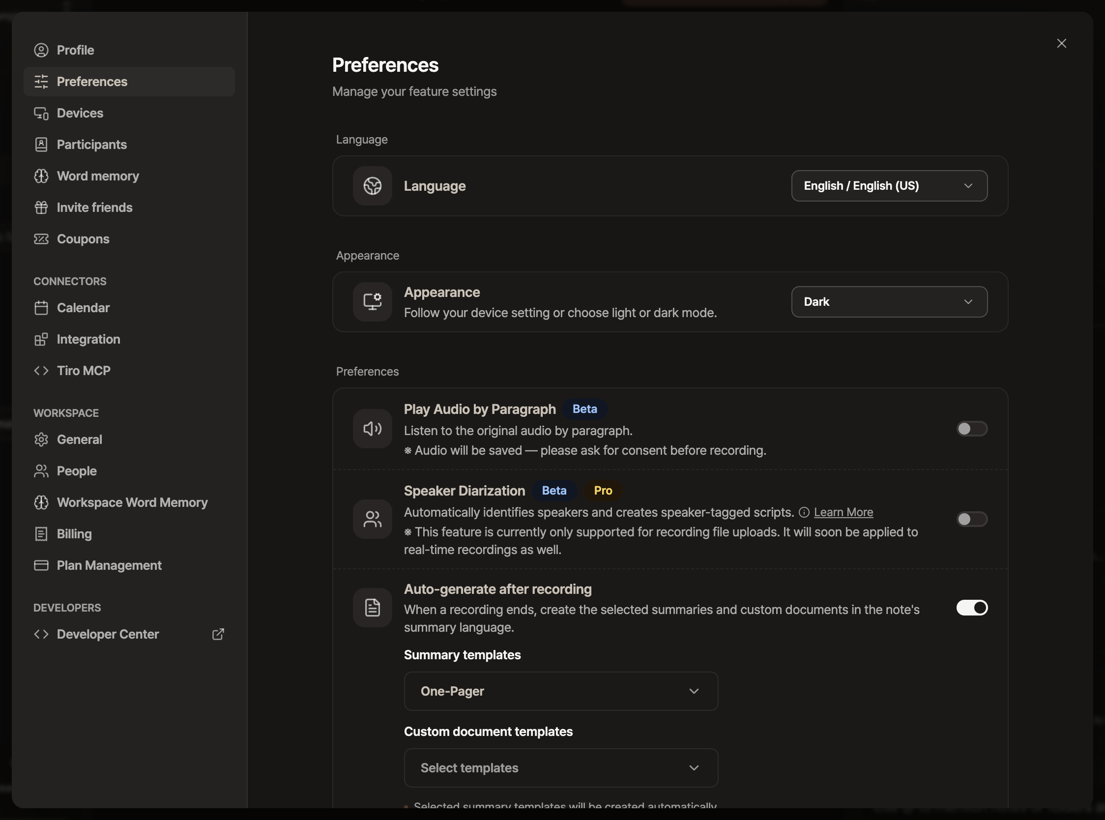 Preferences screen in dark mode. In the Appearance section, the Appearance dropdown is set to Dark