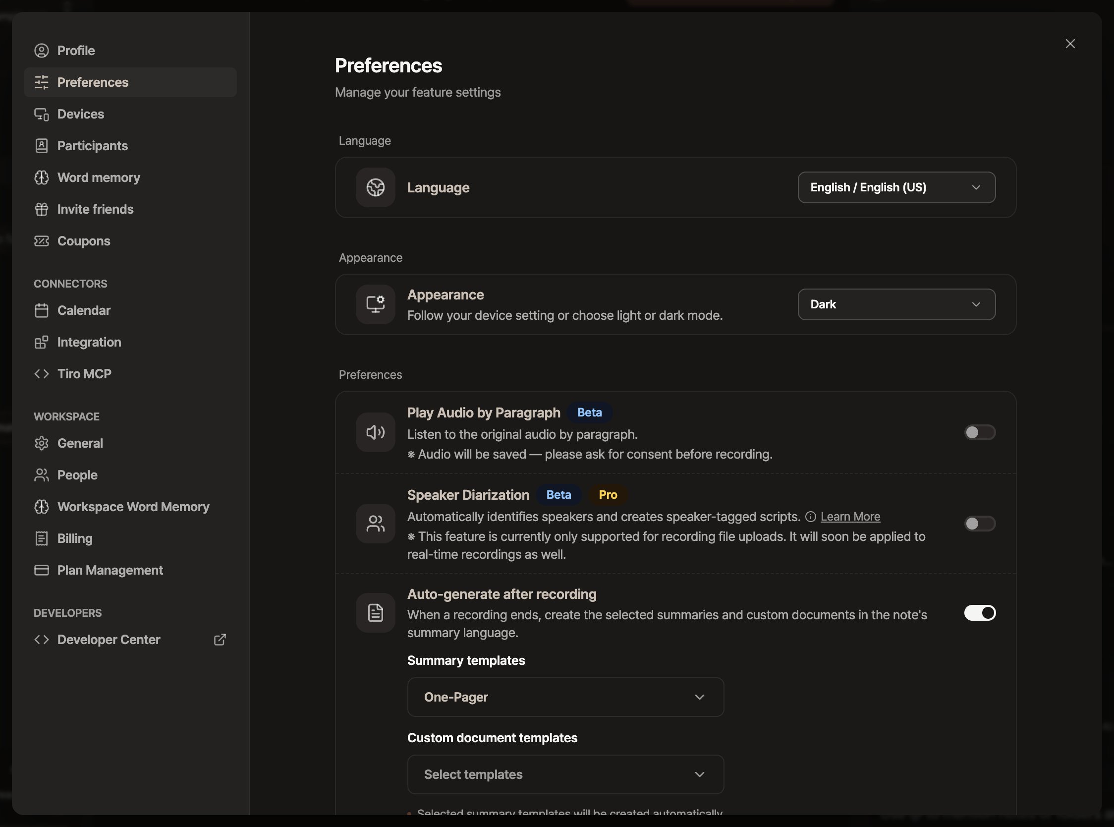 Preferences screen in dark mode. In the Appearance section, the Appearance dropdown is set to Dark