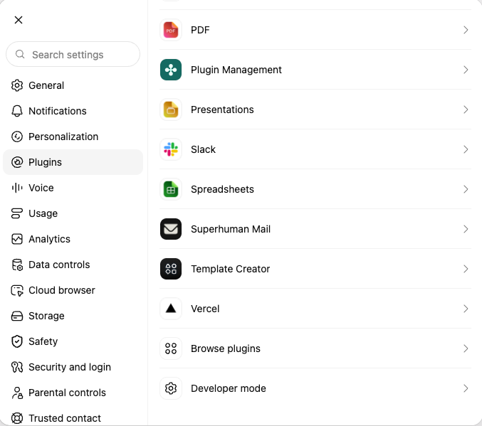ChatGPT 설정의 Plugins 목록 맨 아래에 있는 Developer mode 항목