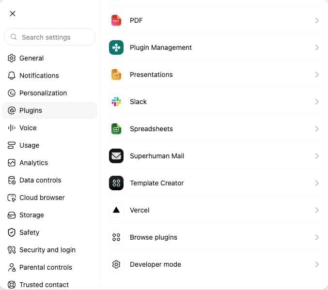 ChatGPT 설정의 Plugins 목록 맨 아래에 있는 Developer mode 항목