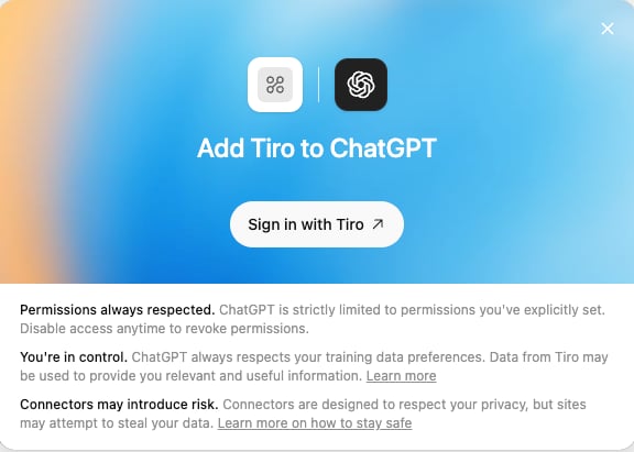 Add Tiro to ChatGPT 창의 Sign in with Tiro 버튼