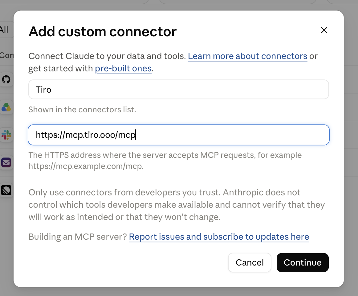 Add custom connector 창에 Tiro와 서버 주소를 입력한 화면