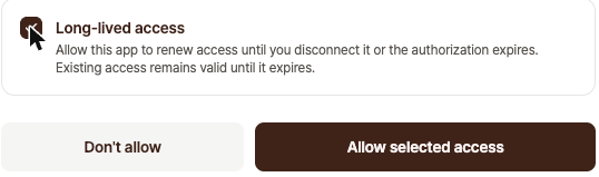 Long-lived access를 체크하면 Allow selected access 버튼이 활성화된 화면