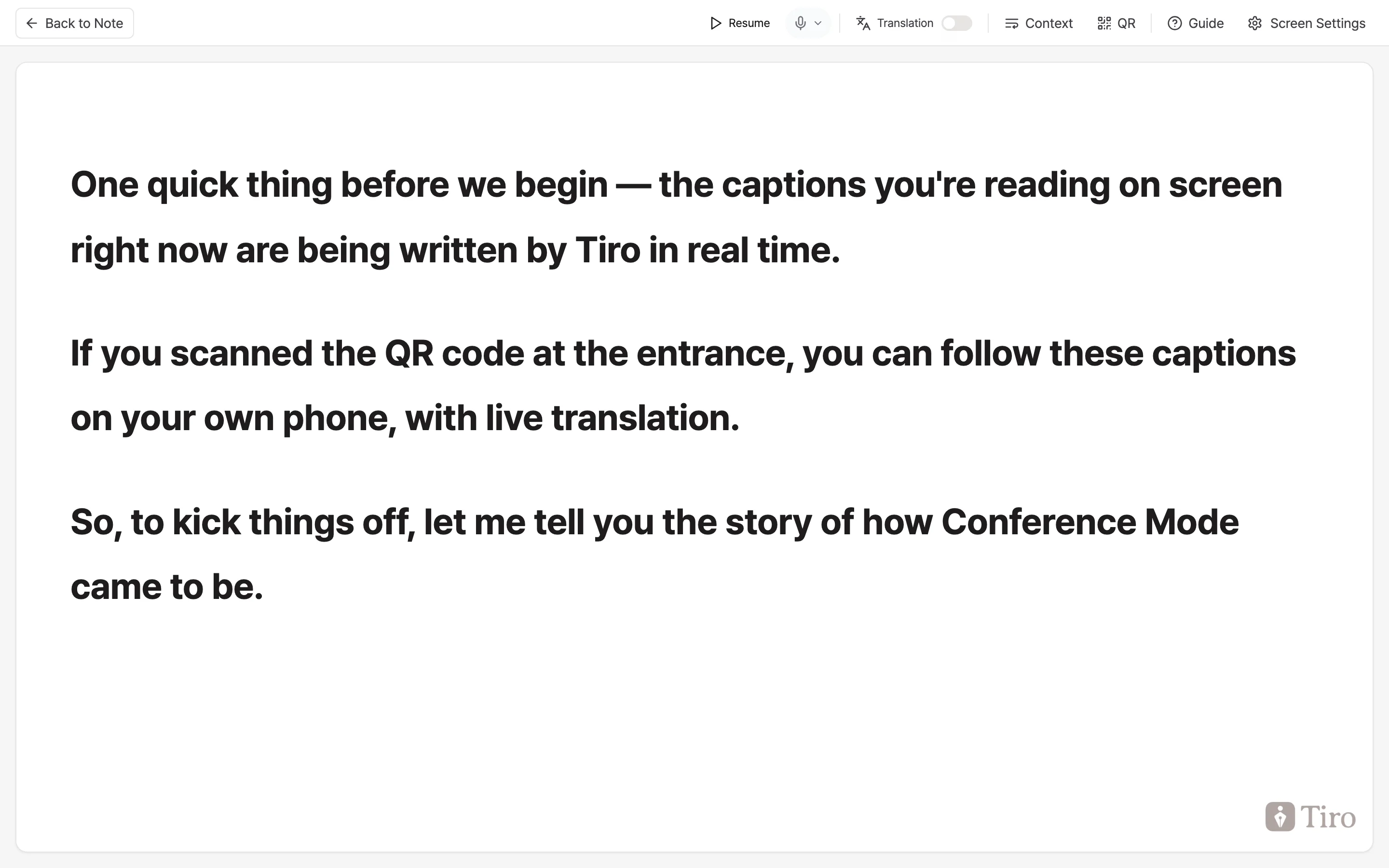 Conference mode full-screen display. Talk captions appear in large type on a white background, with Translation, Context, QR, Guide, and Screen Settings buttons lined up across the top.