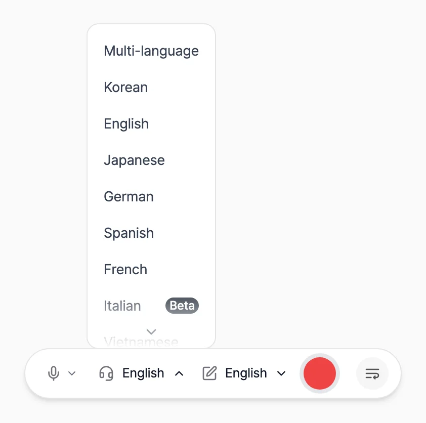 Recording controls with the conversation language dropdown open, listing Multilingual, Korean, English, Japanese, and other supported languages