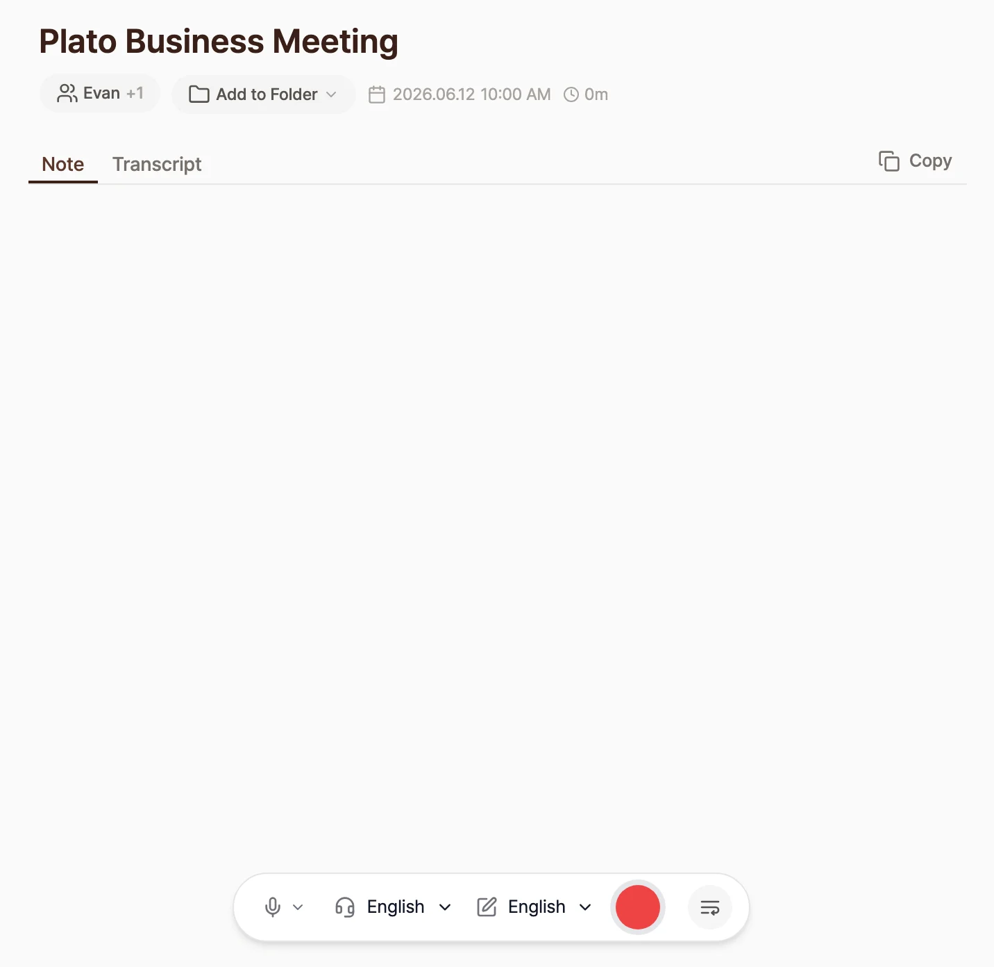 Note screen before recording, showing the note title with participant and folder buttons, the Note and Transcript tabs, and a bottom bar with the microphone, the listen and write language selectors, and a red start-recording button